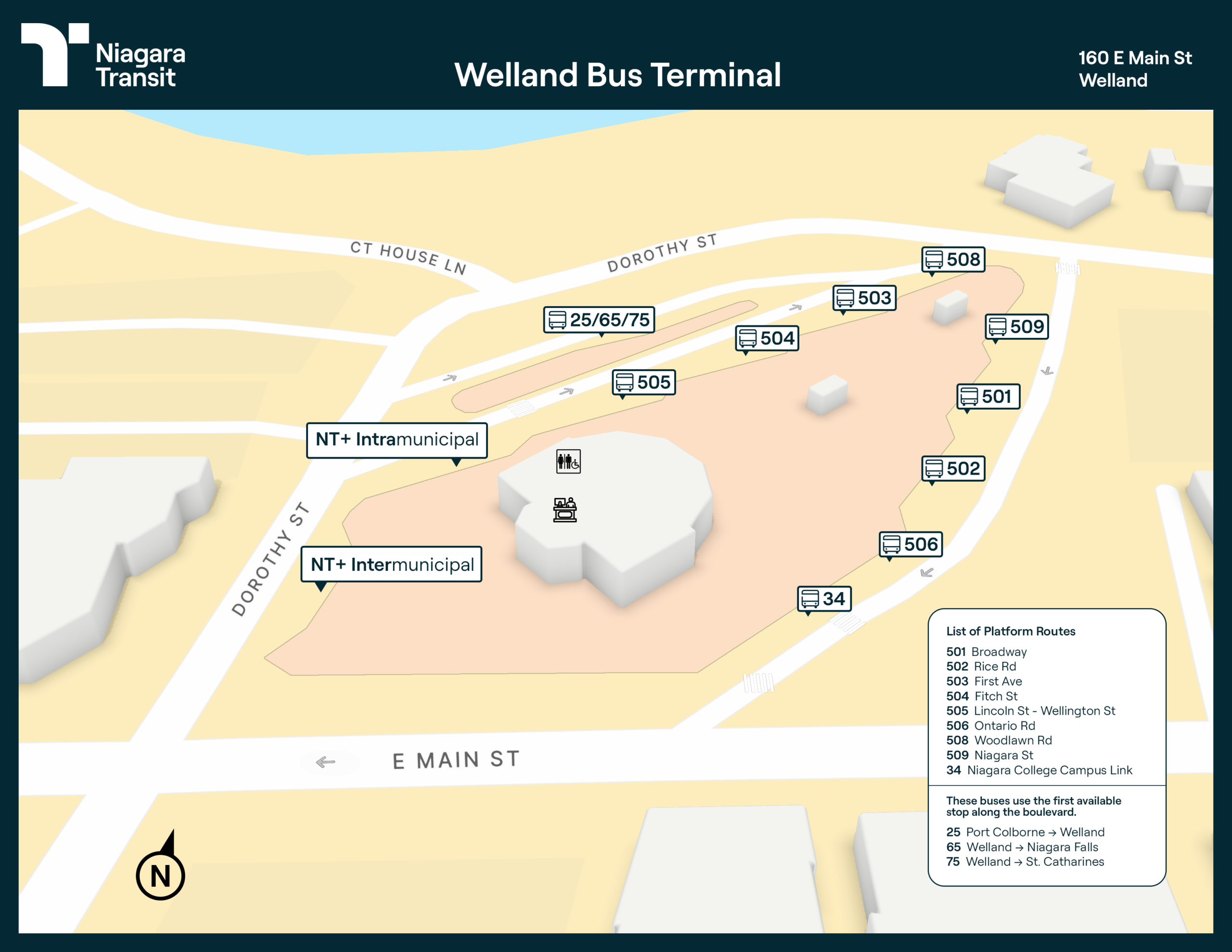 Map of Welland Bus Terminal at 160 E Main St showing platform locations: 501 Broadway, 502 Rice Rd, 503 First Ave, 504 Fitch St, 505 Lincoln St-Wellington St, 506 Ontario Rd, 508 Woodlawn Rd, 509 Niagara St, 34 Niagara College Campus Link, and NT+ intermunicipal routes 25 Port Colborne-Welland, 65 Welland-Niagara Falls, 75 Welland-St. Catharines